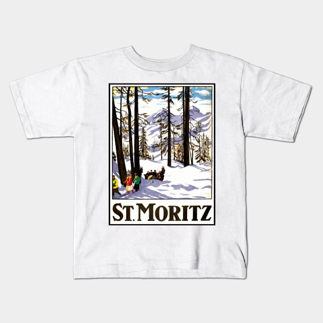 St. Moritz, Switzerland - Vintage Travel Poster Design Kids T-Shirt by Naves